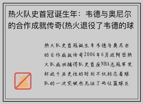 热火队史首冠诞生年：韦德与奥尼尔的合作成就传奇(热火退役了韦德的球衣吗)