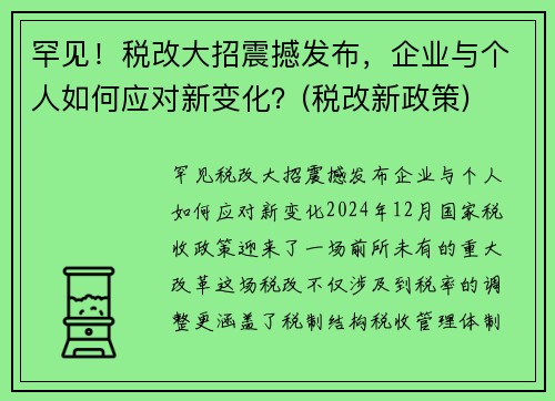 罕见！税改大招震撼发布，企业与个人如何应对新变化？(税改新政策)