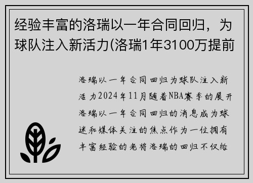 经验丰富的洛瑞以一年合同回归，为球队注入新活力(洛瑞1年3100万提前续约)